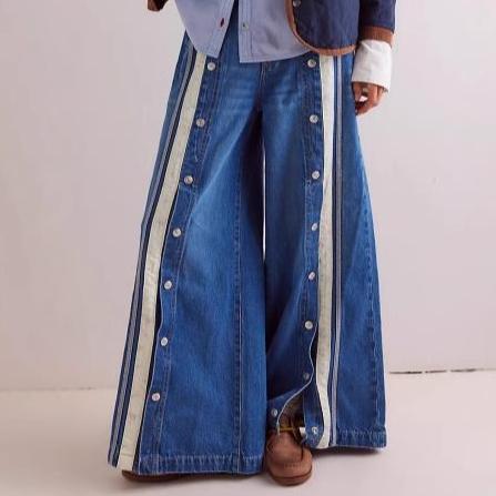Retro Characteristic Row Split Color Matching Wide Leg Mopping Denim Trousers