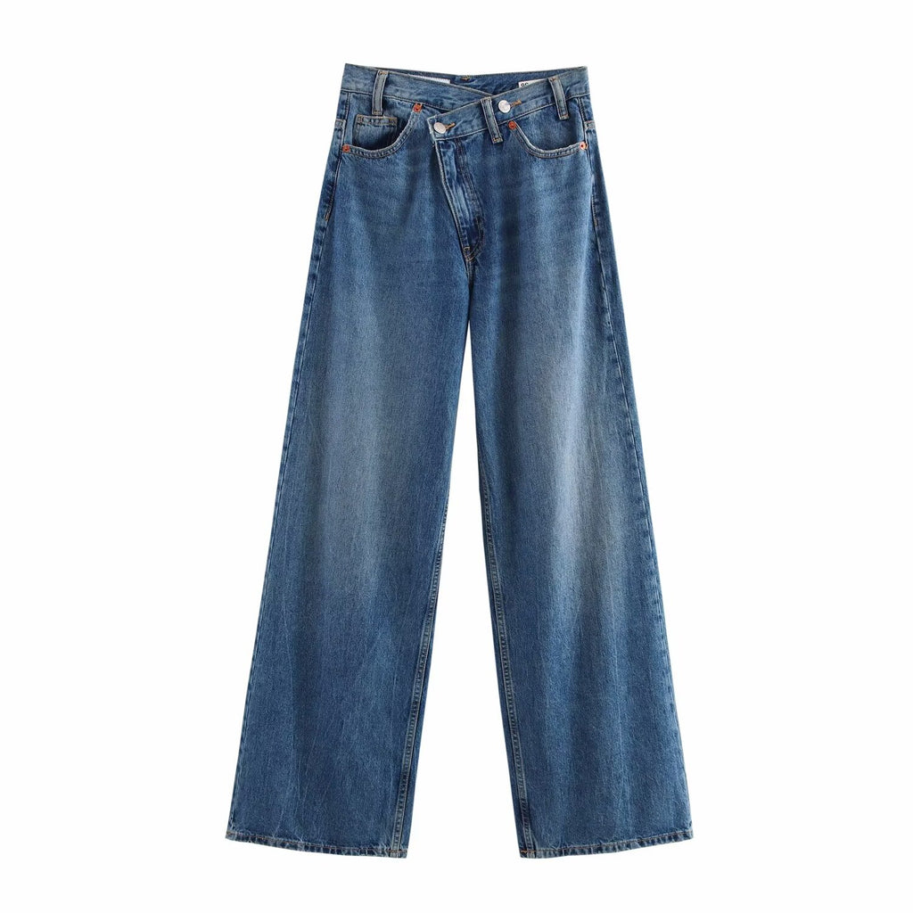 Fall Women Clothing Basic Asymmetric High Waist Wide Leg Denim Casual Trousers