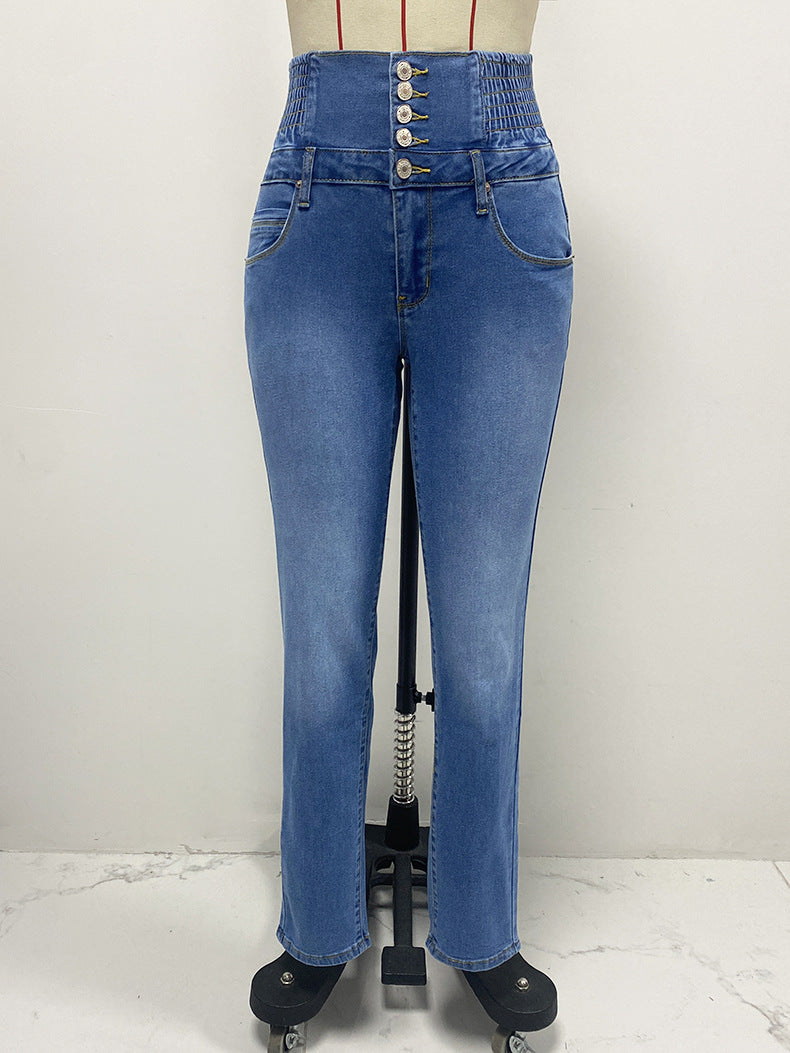 Elastic High Waist Breasted Jeans Women Clothing Spring Slim Fitting Slimming Hip Raise Long Skinny Pants