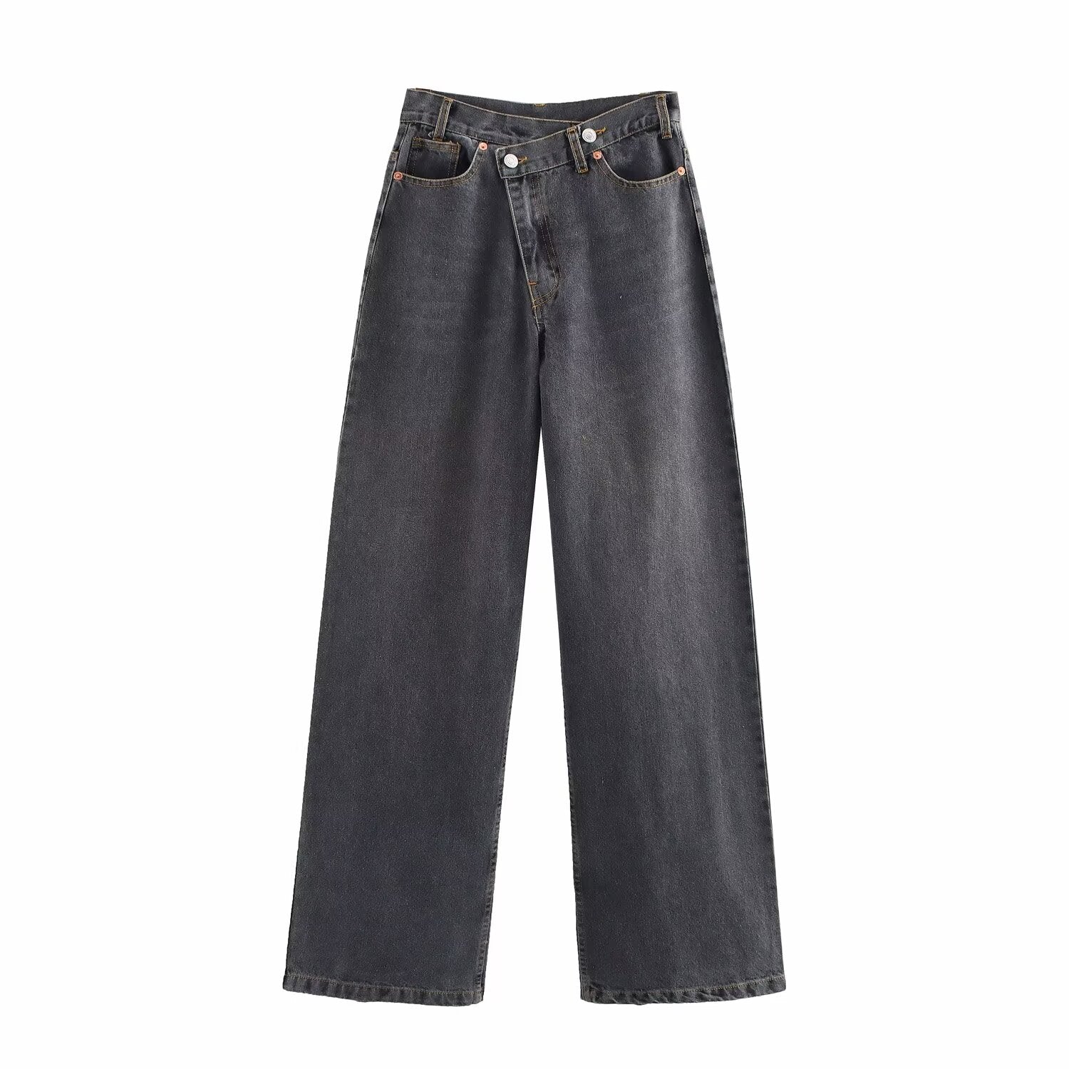 Women Basic Double Breasted Waist of Trousers High Waist Wide Leg Denim Trousers