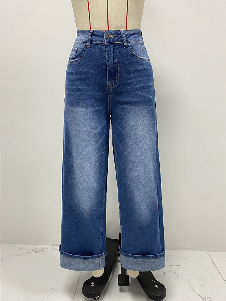 Spring High Waisted Trousers Foot Curling Straight Jeans Women Casual Wide Leg Pants