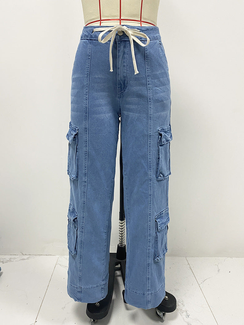 Spring Street Washed Cargo Pants Women Multi Pocket Wide Leg Lace up Jeans