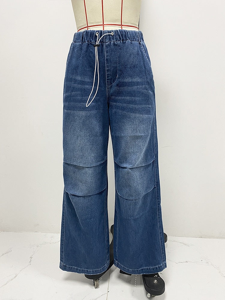 Spring Mid Waist Wide Leg Pleating Loose Jeans Women Clothing Street Retro Straight Leg Pants