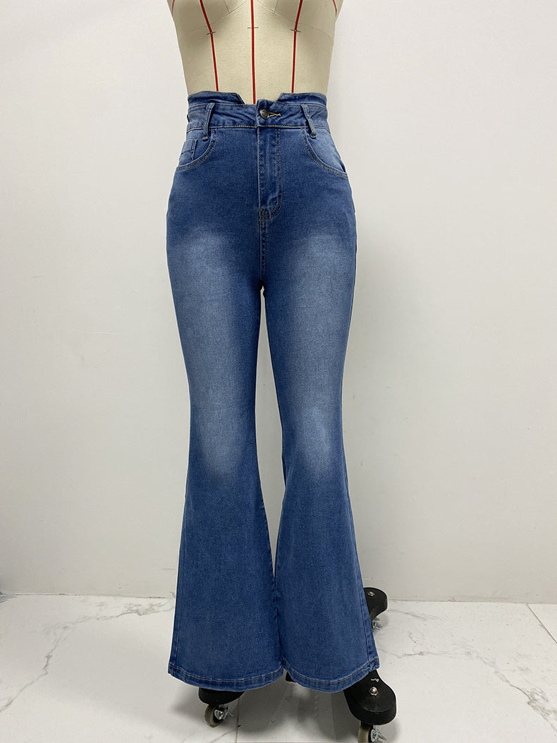 Spring Washed Jeans Women Slim Fit High Waist Flared Pants