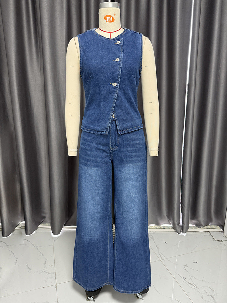 Spring Summer Women Sleeveless Vest Wide Leg Denim Two Piece Sets