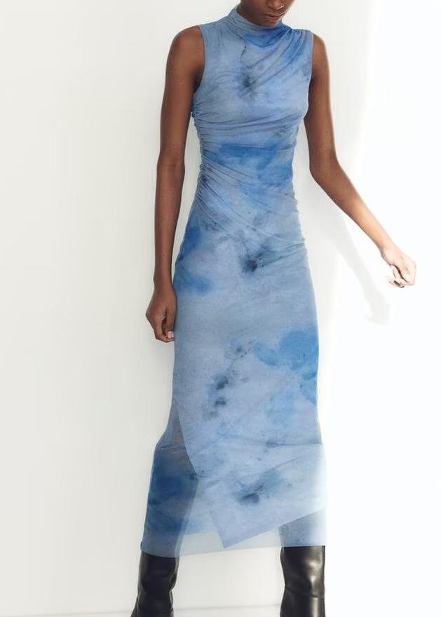 Women Clothing Early Spring Sexy Mesh Floral Print Sleeveless Pleated Slim Fit Dress
