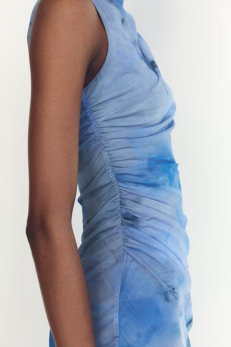 Women Clothing Early Spring Sexy Mesh Floral Print Sleeveless Pleated Slim Fit Dress