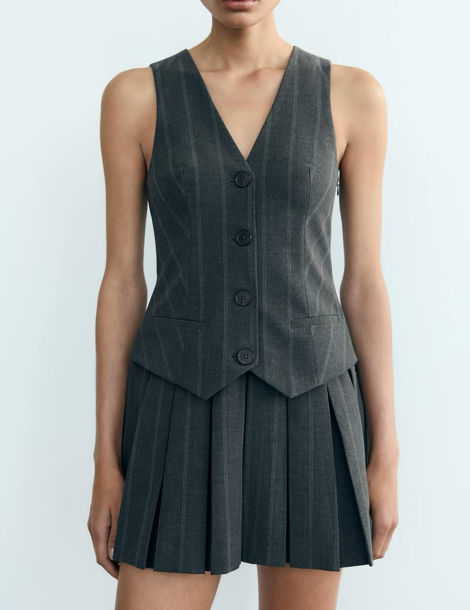 Women Wide Pleated Striped Vest Short Dress