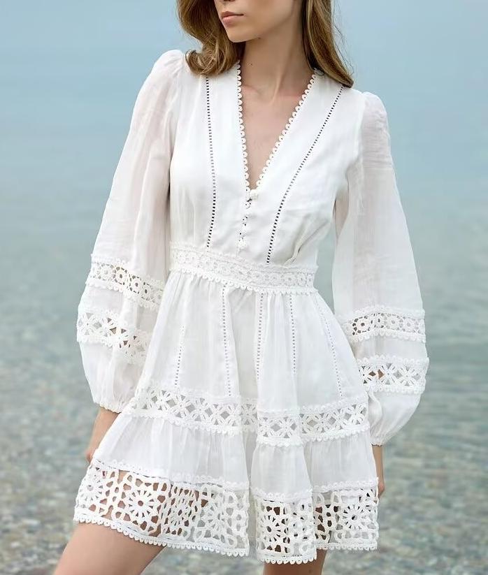 Women Simple V neck Hollow Out Cutout Lace Stitching Long Sleeve Dress