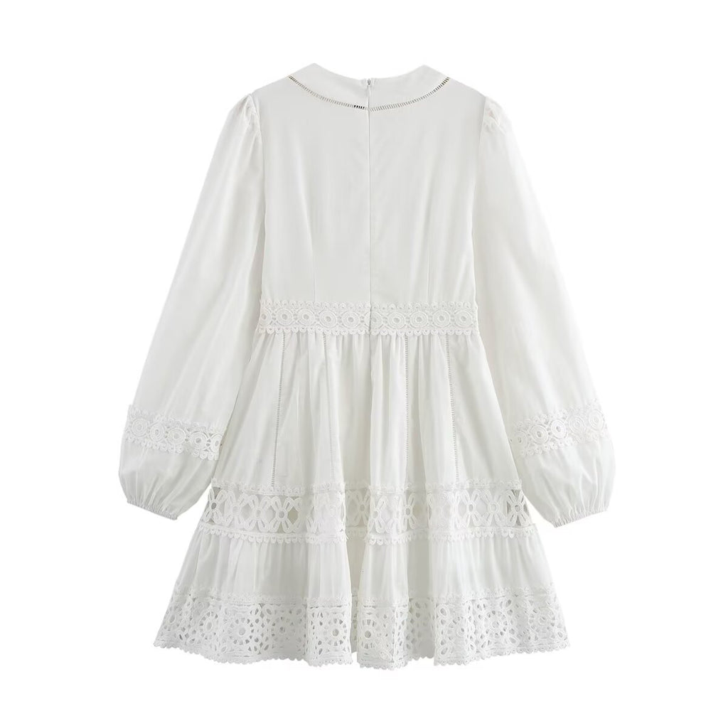 Women Simple V neck Hollow Out Cutout Lace Stitching Long Sleeve Dress