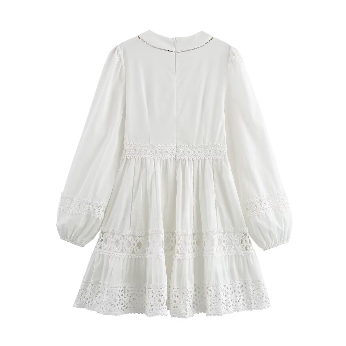 Women Simple V neck Hollow Out Cutout Lace Stitching Long Sleeve Dress