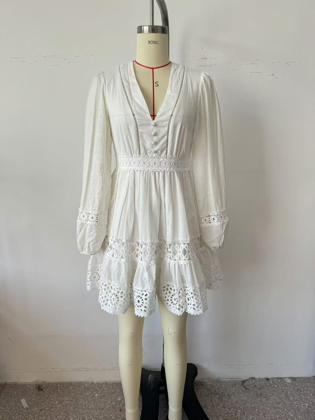 Women Simple V neck Hollow Out Cutout Lace Stitching Long Sleeve Dress