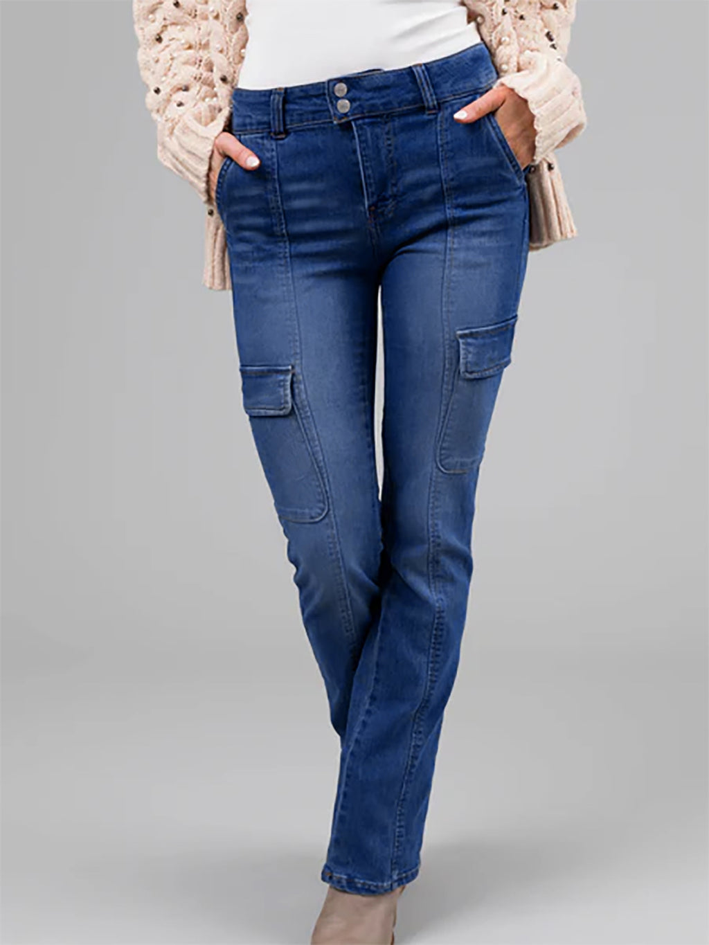 Ladies Double Buckle Waist Stitching Multi Pocket Side Sticker Bag Overalls Denim Stretch Trousers