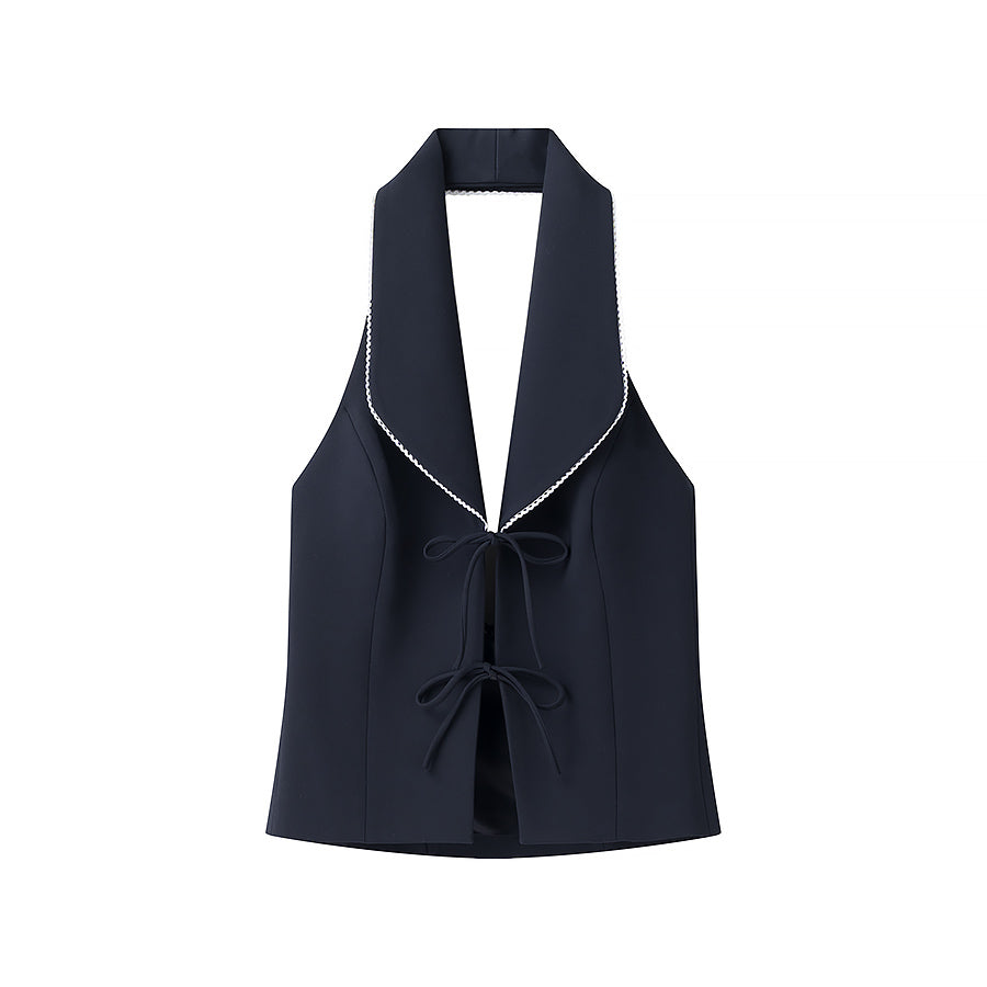 Women Clothing Bowknot Lace up Contrast Color Collared Halter Slim Fit Vest Top
