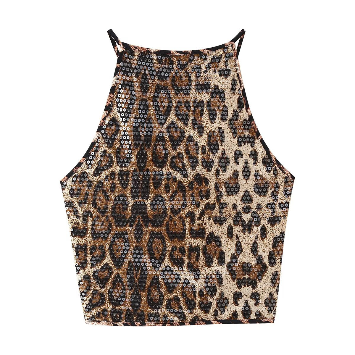 Women Clothing Summer Sexy Spicy Leopard Print Sequin Sling Short Vest Top