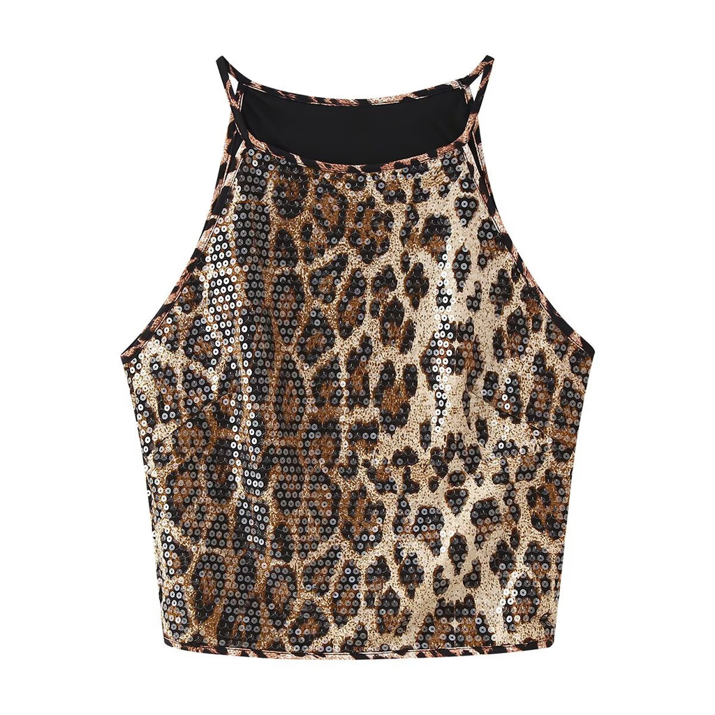 Women Clothing Summer Sexy Spicy Leopard Print Sequin Sling Short Vest Top