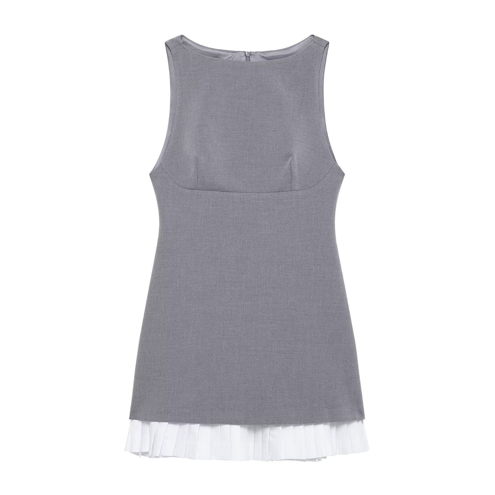 Spring Summer Women Clothing Elegant Poplin Stitching Simple Sleeveless Boat Neck Dress