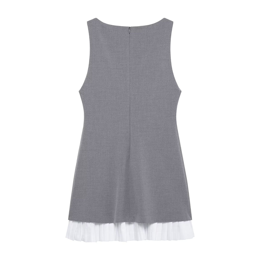 Spring Summer Women Clothing Elegant Poplin Stitching Simple Sleeveless Boat Neck Dress