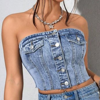 Washed Breasted Smocking Bandeau Slim Fit Denim Top Vest