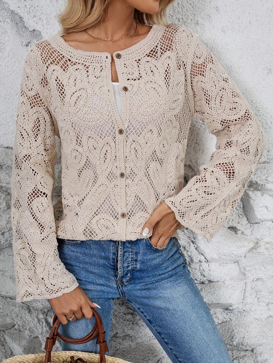Women Spring And Autumn Hollow Hook Weave Crewneck Long Sleeves Cardigan