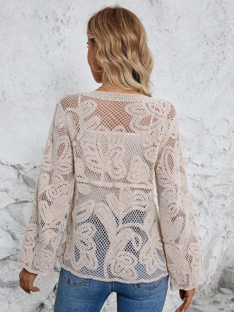 Women Spring And Autumn Hollow Hook Weave Crewneck Long Sleeves Cardigan