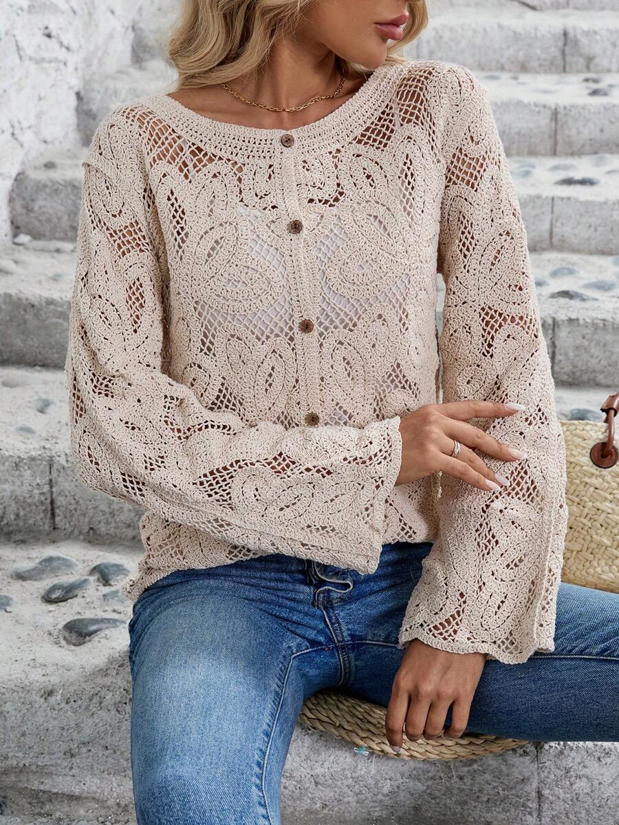 Women Spring And Autumn Hollow Hook Weave Crewneck Long Sleeves Cardigan