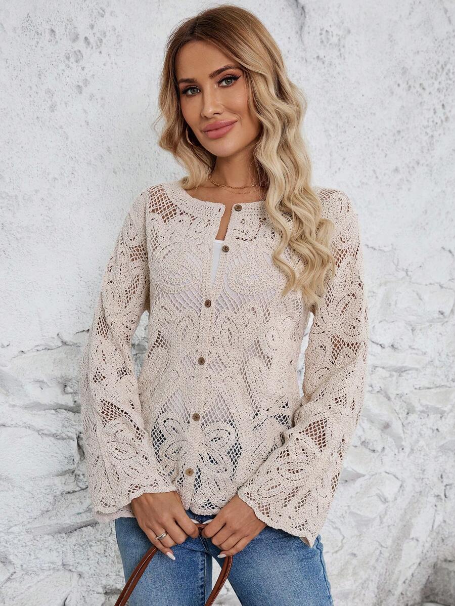 Women Spring And Autumn Hollow Hook Weave Crewneck Long Sleeves Cardigan