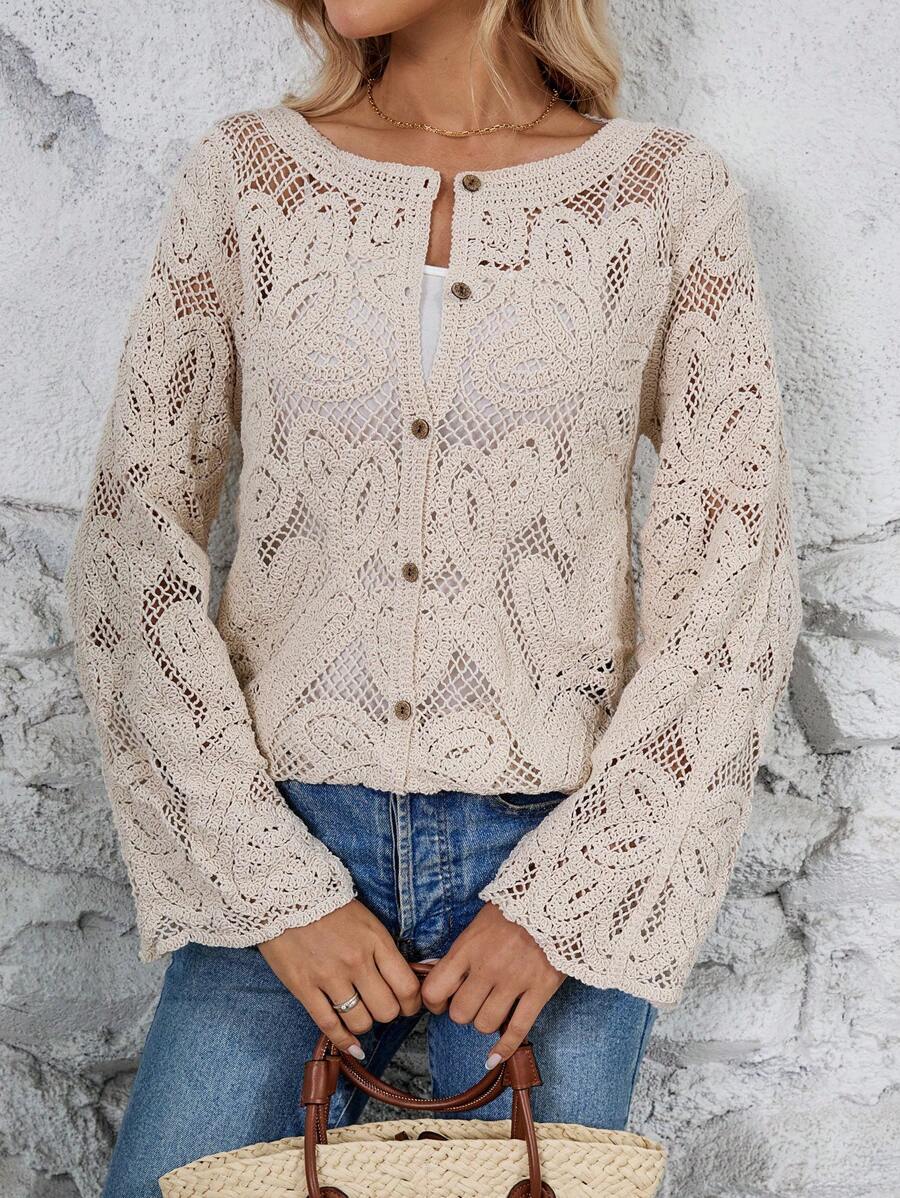Women Spring And Autumn Hollow Hook Weave Crewneck Long Sleeves Cardigan