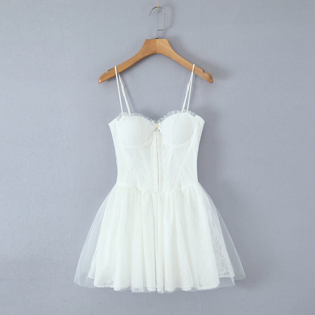 Spring Summer Vacation Sexy Little Fresh Sweet Spicy Waist Shaping Lace Embroidery Dress