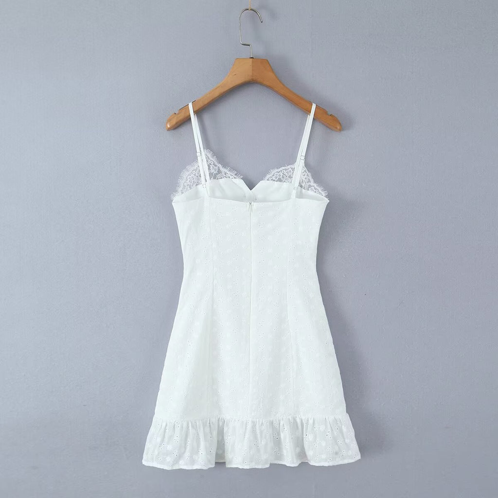 V neck Lace Chest Bow Suspender Dress Sweet Slim Fit Wooden Ear