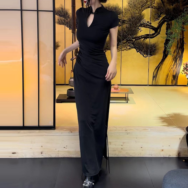 Summer Women Clothing Chinese Cheongsam Slit Waist Slimming Maxi Dress