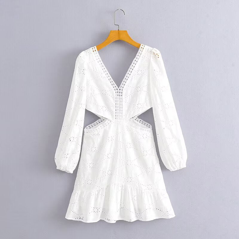 Women Clothing Casual V neck Lace Waist Opening Dress