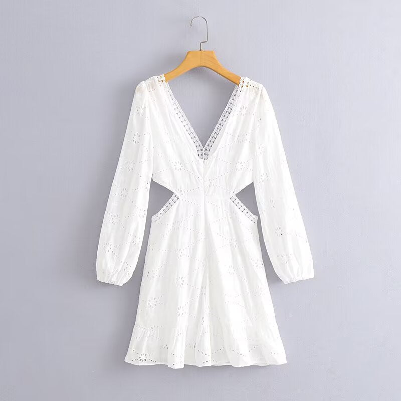Women Clothing Casual V neck Lace Waist Opening Dress