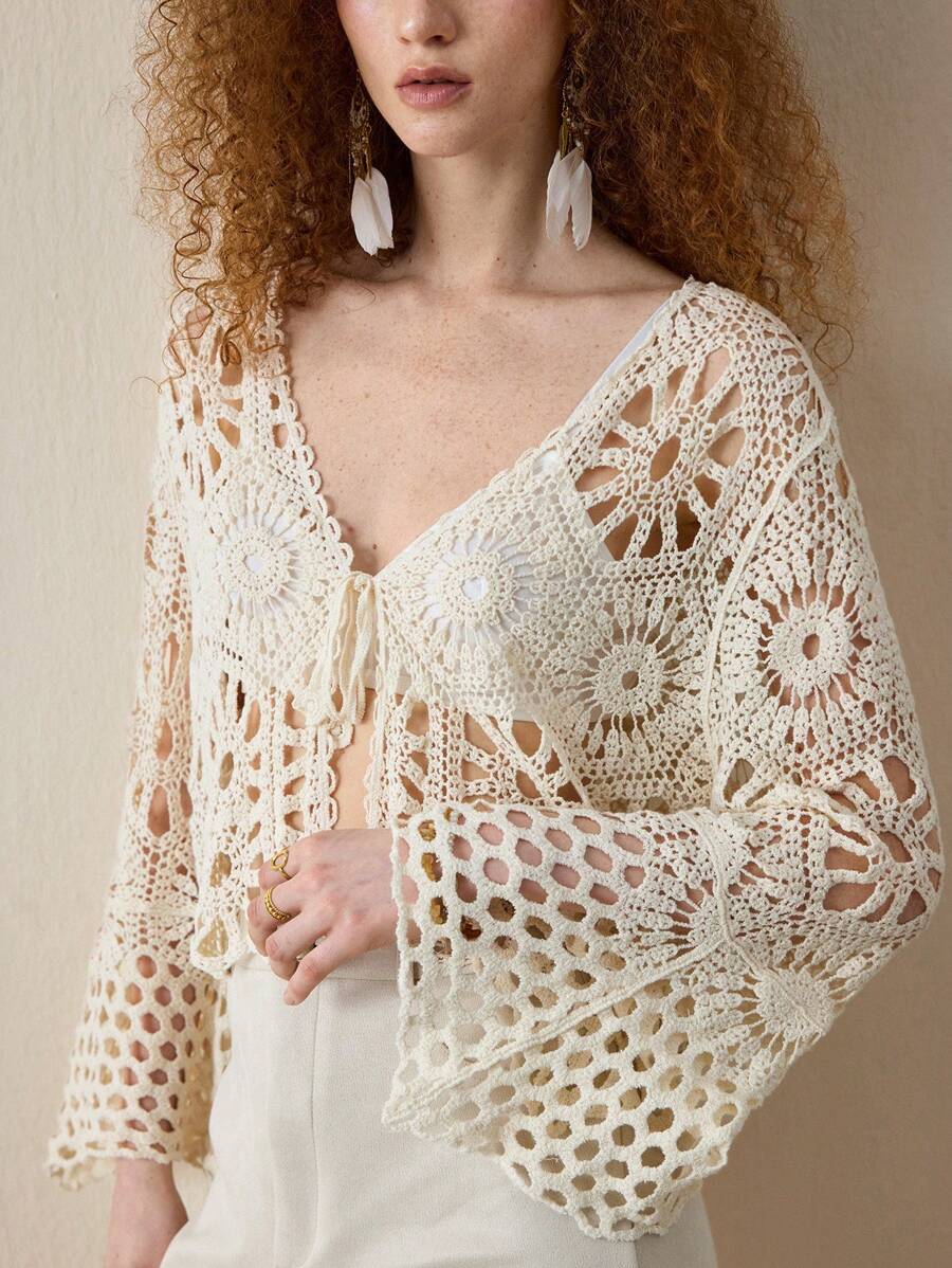Women Loose Hollowed Lace Cardigan With Sun Protection Shirt top