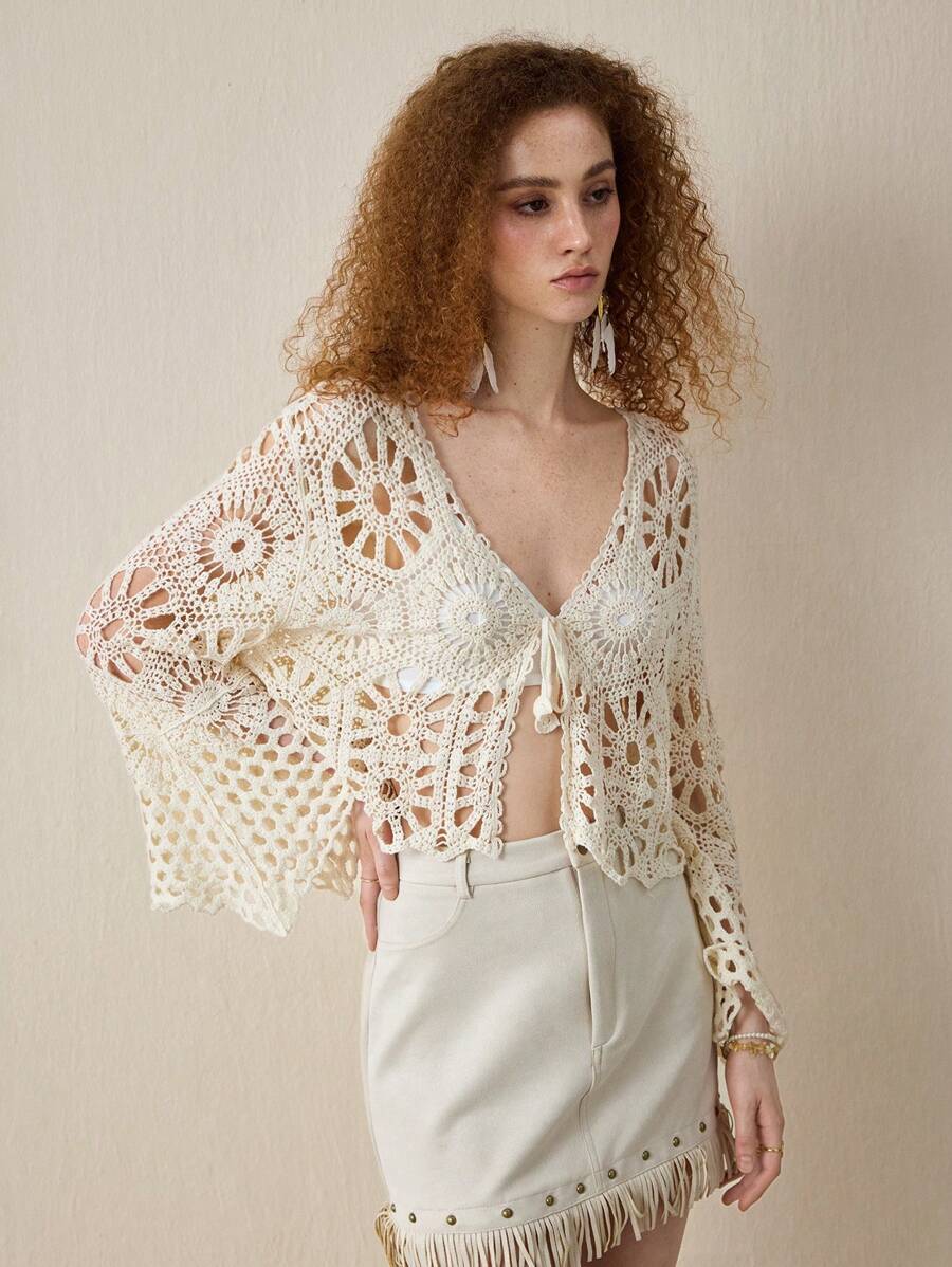 Women Loose Hollowed Lace Cardigan With Sun Protection Shirt top