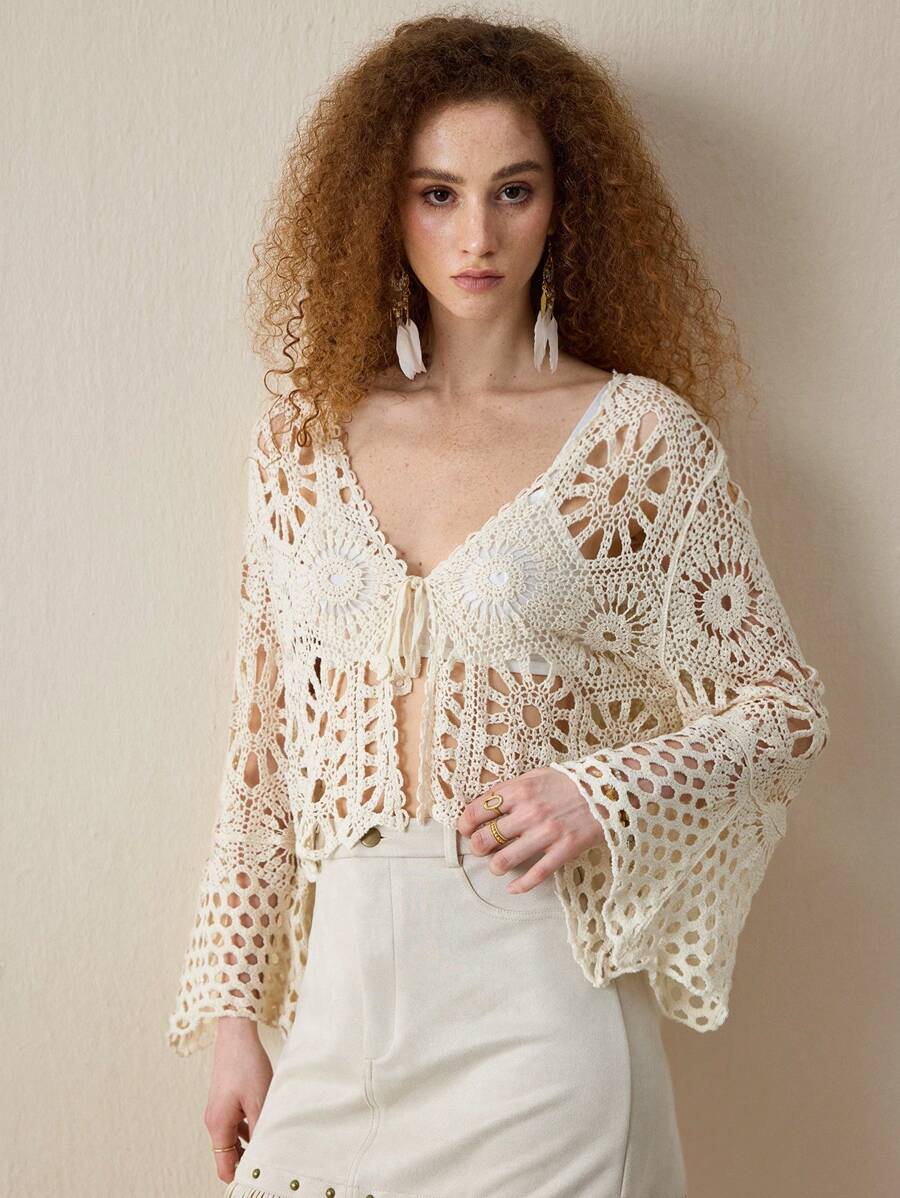 Women Loose Hollowed Lace Cardigan With Sun Protection Shirt top