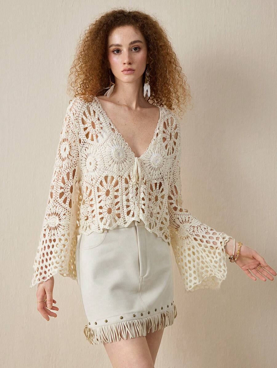 Women Loose Hollowed Lace Cardigan With Sun Protection Shirt top