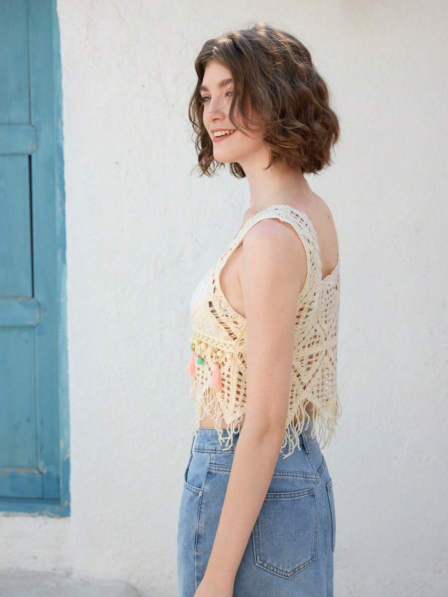 Women Loose Summer Elegant Crochet Hollowed Out Holiday Romper Sleeveless Top