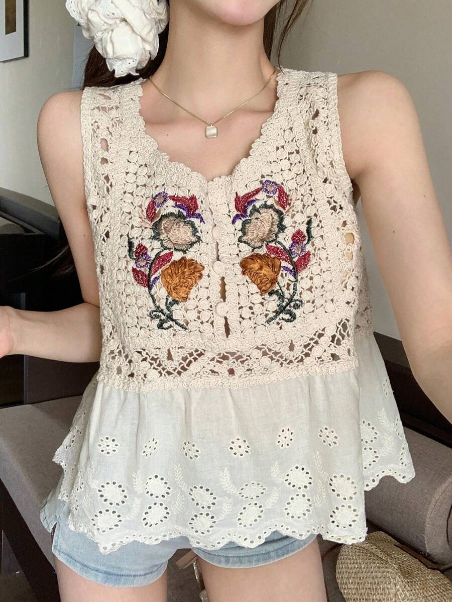 Women Loose Summer Short Sleeveless Top Hollowed Out Crochet Stitching Vest