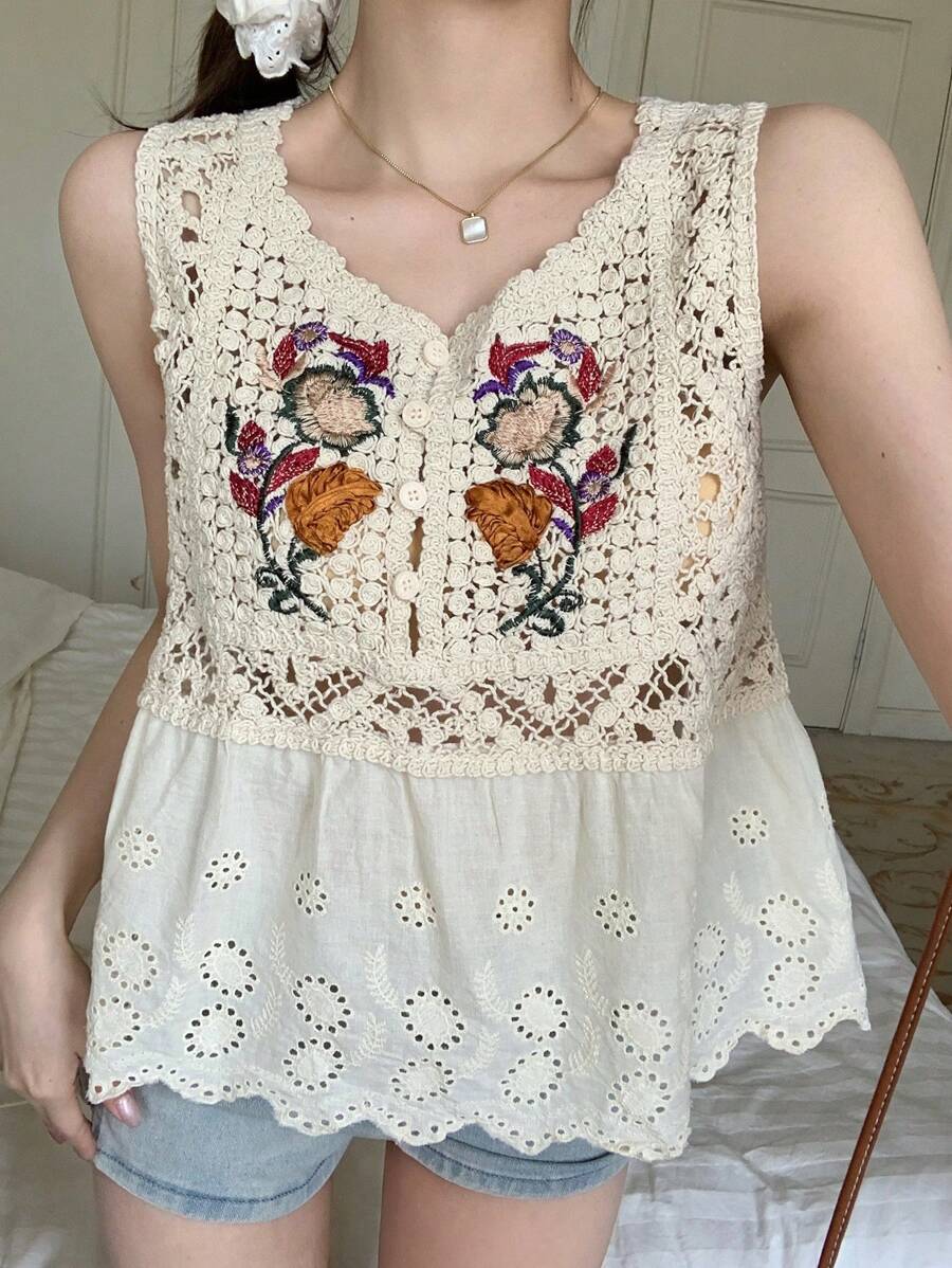 Women Loose Summer Short Sleeveless Top Hollowed Out Crochet Stitching Vest
