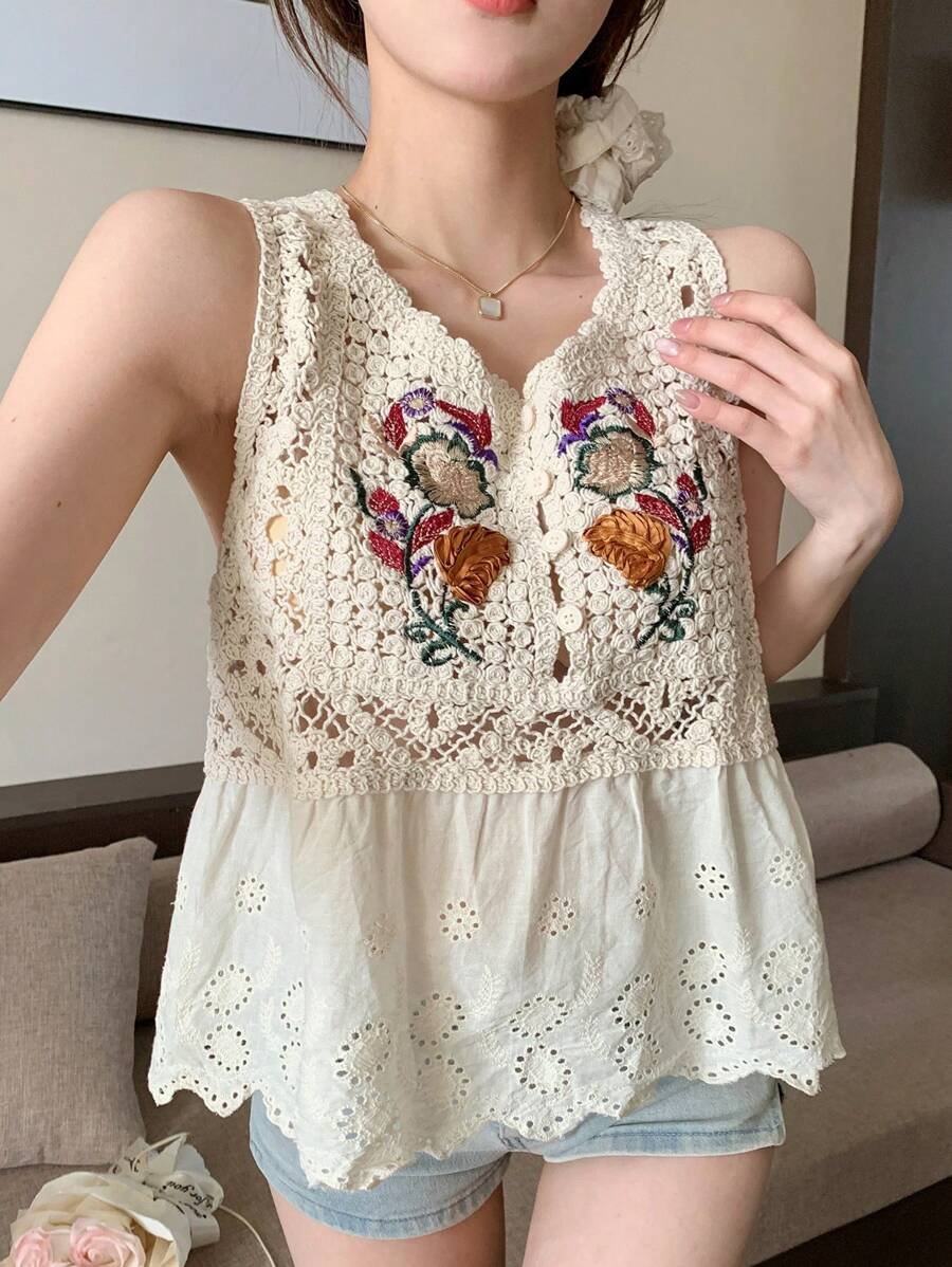Women Loose Summer Short Sleeveless Top Hollowed Out Crochet Stitching Vest