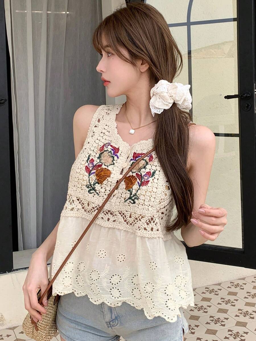 Women Loose Summer Short Sleeveless Top Hollowed Out Crochet Stitching Vest