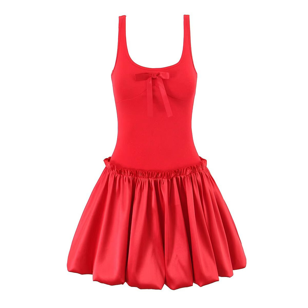 Spring French Pure Design Bow Vest Stitching Bud Dress