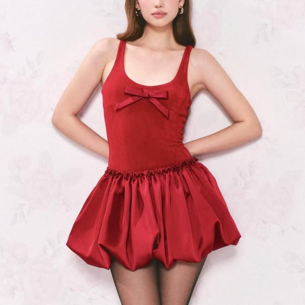 Spring French Pure Design Bow Vest Stitching Bud Dress