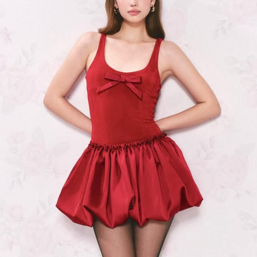Spring French Pure Design Bow Vest Stitching Bud Dress
