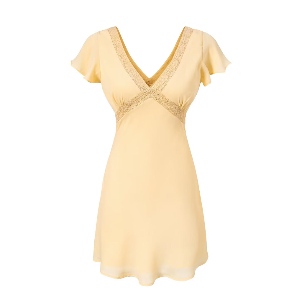 Spring Retro Debutante Classical Lace Stitching V neck Short Sleeve Dress