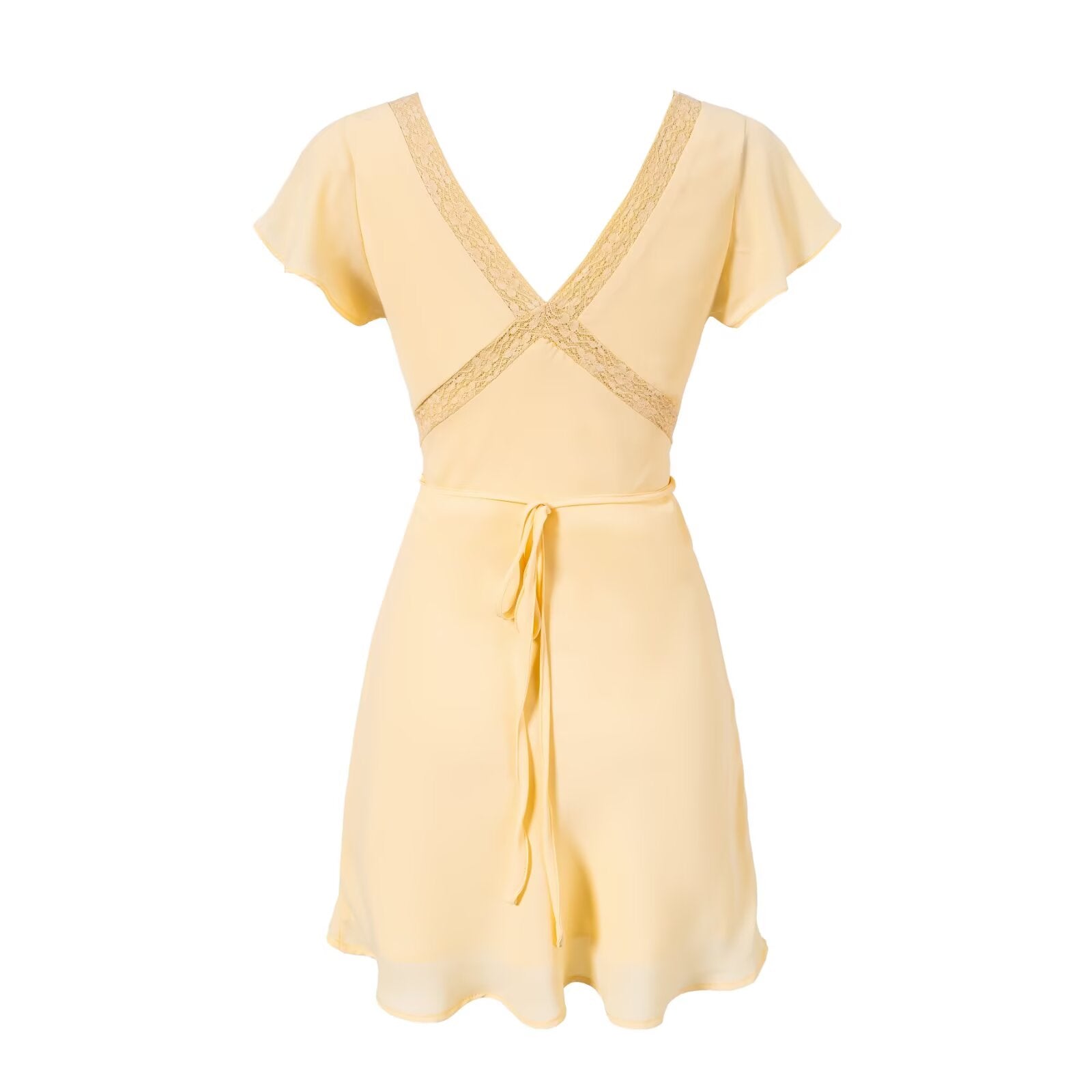 Spring Retro Debutante Classical Lace Stitching V neck Short Sleeve Dress