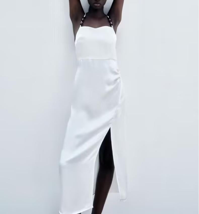 Spring Women Clothing Chain Ornament Silk Satin Texture Sling Dress