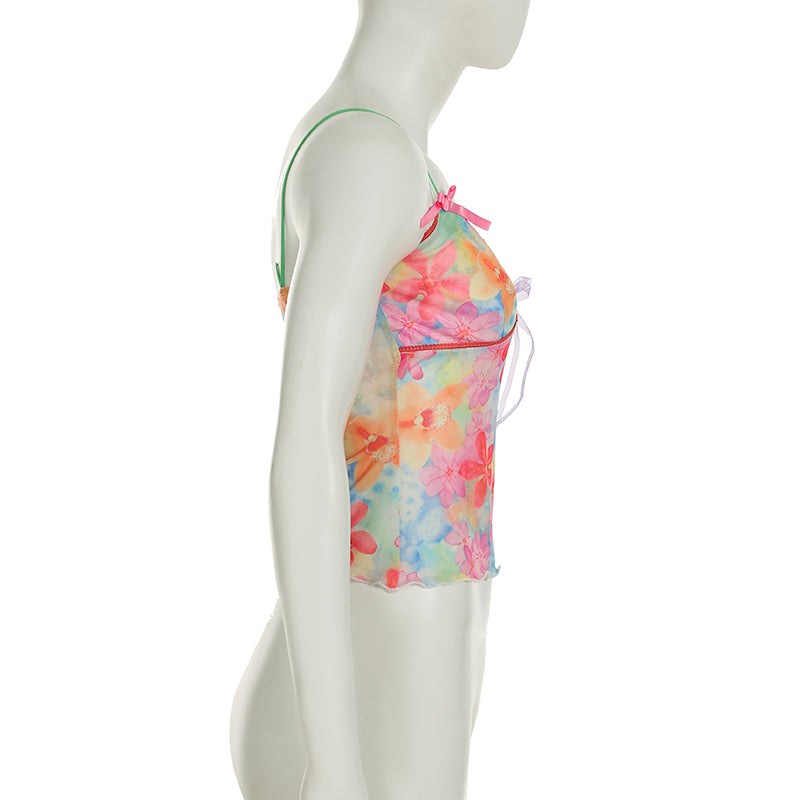 Sweet Sexy Bow Lace up Chest Floral Print See through Mesh Camisole Vest Beach Vacation Small Top