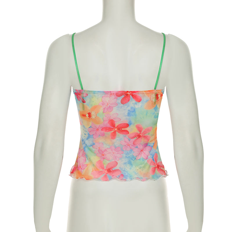 Sweet Sexy Bow Lace up Chest Floral Print See through Mesh Camisole Vest Beach Vacation Small Top